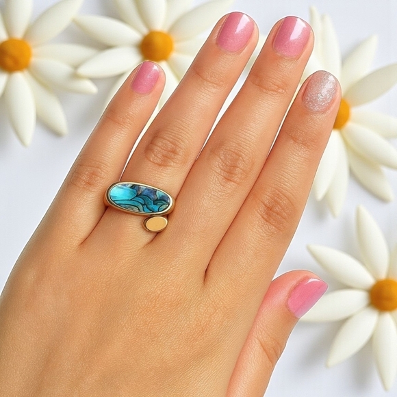 Boho Chic Adjustable Ring Abalone Shell 18K Gold Plated S925 Sterling Silver - Picture 13 of 13